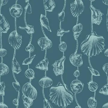 Dense vertical marine garlands with shells and beads on dark teal background 스톡 일러스트