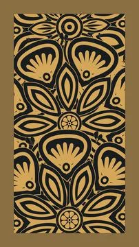 A dense vertical panel repeats stylized flowers, leaves and circular motifs.. Stock Illustration