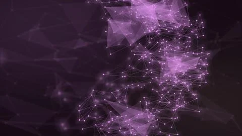 Dense violet particles and interconnected polygonal forms create a glowing .. Illustrazione stock