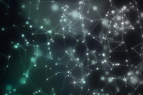 A dense web of fine gray links joins glowing white and mint nodes across a .. Stock Illustration