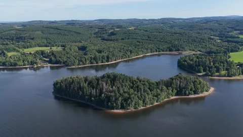 A densely forested island surrounded by the calm waters of Lac des Settons in Stock Footage 346710935