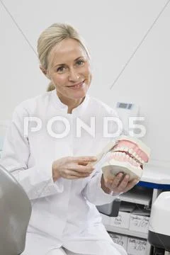 A dental assistant demonstrating how to brush Stock Photos