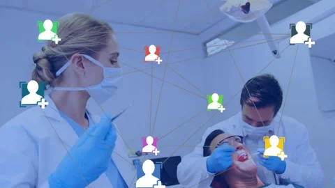 Dental assistant reaching for probe as dentist examining mouth with animated Vídeo Stock 313639063