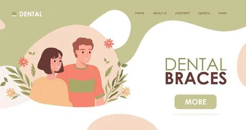 Dental braces vector flat landing page template with text space. Man and woman Stock Illustration