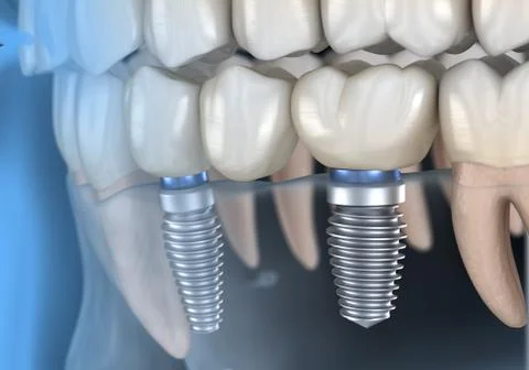 Dental bridge supported by implants. Medically accurate 3D illustration of hu Stock Illustration