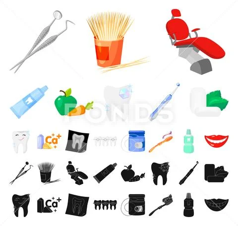 Dental care cartoon, black icons in set collection for design. Care of teeth Stock Illustration