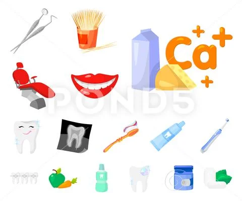 Dental care cartoon icons in set collection for design. Care of teeth vector Stock Illustration