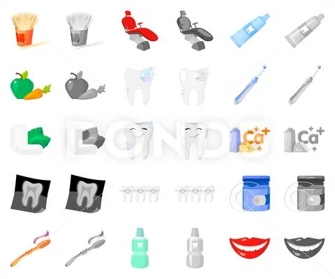 Dental care cartoon,monochrom icons in set collection for design. Care of teeth Stock Illustration