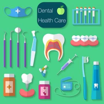 Dental care flat design Vector illustration with Dental floss, teeth, mouth,  스톡 일러스트