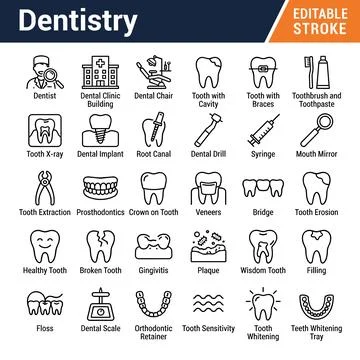 Dental care icons set for dentistry, including dentist, clinic, chair, toot.. Stock Illustration