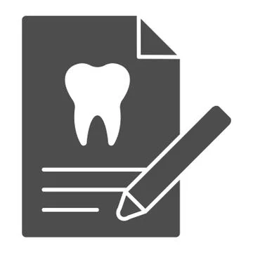 Dental care report solid icon. Tooth inspection analysis and pencil symbol Illustrazione stock