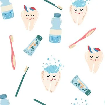 Dental care seamless pattern. Tooth, dental floss, toothpaste, toothbrush, ca Illustrazione stock