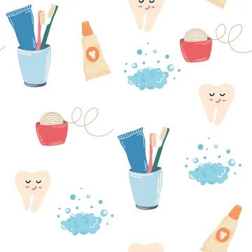 Dental care seamless pattern. Tooth, dental floss, toothpaste, toothbrush, ca Stock Illustration