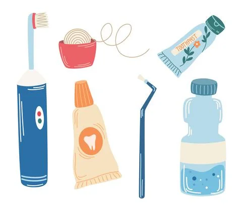 Dental care tools. Toothbrush, toothpaste, dental floss, Electric Toothbrush. Stock Illustration