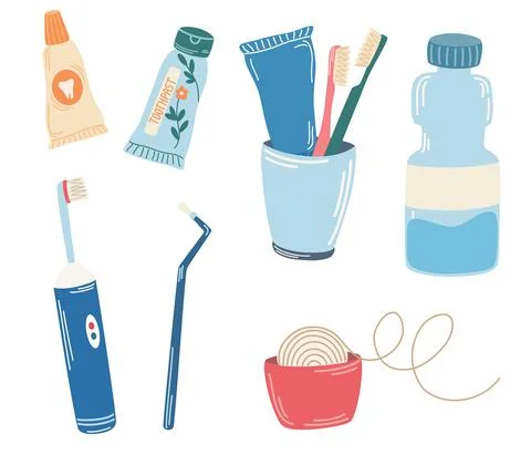Dental care tools. Toothbrush, toothpaste, dental floss, Electric Toothbrush. Stock Illustration