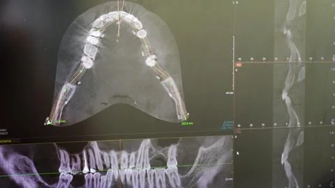Dental CBCT software interface featuring a 3D volumetric maxillofacial reco.. Stock Photos