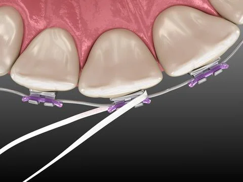 Dental floss cleaning braces process. Medically accurate 3D illustration Stock Illustration