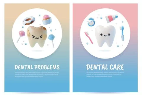Dental good care and problems poster vector designs set. 3D realistic white h Illustrazione stock