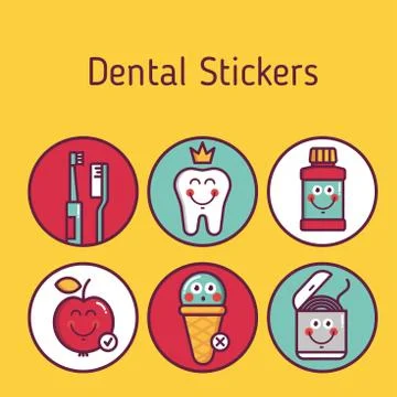 Dental hygiene for child - stickers brushes, teeth, lotion, floss, apple, ice Stock Illustration
