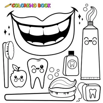 Dental hygiene set. Vector black and white coloring page. Stock Illustration