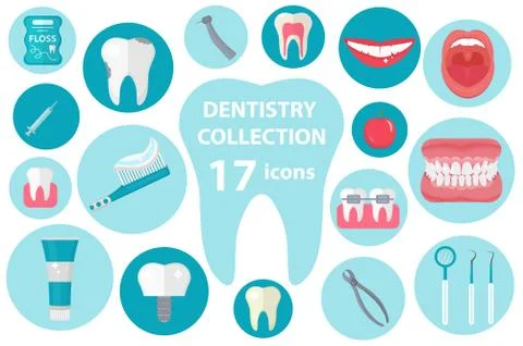 Dental icon set, flat style. Stomatology kit isolated on white background Stock Illustration