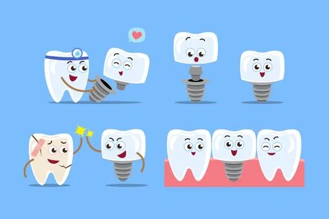 Dental implant procedure . Teeth cartoon characters . Dentist and artificia.. Stock Illustration