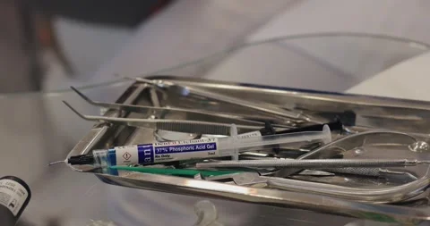 Dental instruments and gel on table Stock Footage 171241213