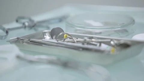 Dental instruments in dental cabinet. Close Up of medical instruments. Stock Footage