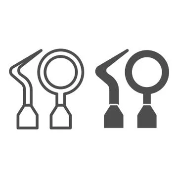 Dental instruments line and solid icon. Dentist tools, spire and mirror symbol Stock Illustration