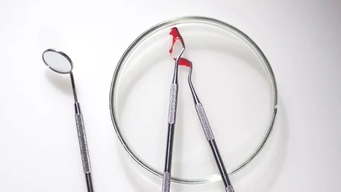 Dental instruments for removing the tooth on the table. Bloodied torn tooth Video stock 120280448