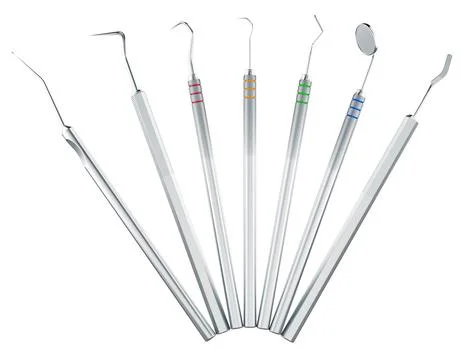 Dental instruments set with mirror, probe and scalers, 3d rendering Stock Illustration
