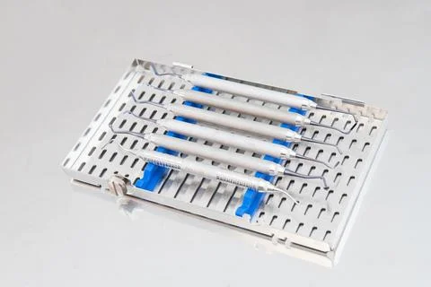 Dental instruments in a special case close-up on the dentist's table Stock Photos