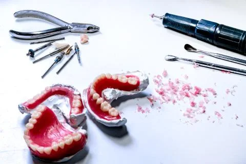 Dental laboratory. work tool for make a denture in technician workplace. Stock-Fotos