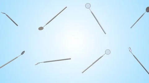 Dental Mirrors Falling on a Light Blue Background. Stylized Dental Mirror. 4K Stock Footage 302653214