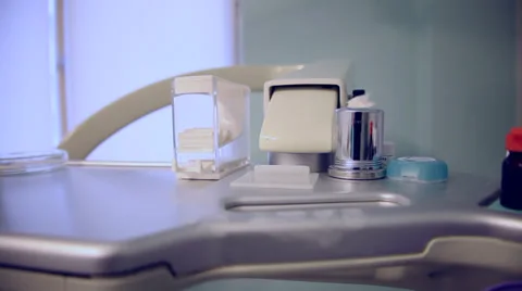 Dental office, equipment, tools, instruments, dentist work table, pan Stock Footage 38104704