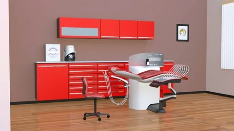 Dental office interior with red unit equipment and cabinet Stock Footage 79978107