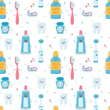 Dental pattern seamless, vector flat illustration on a white background. 스톡 일러스트