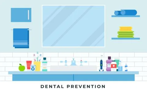 Dental prevention vector flat illustration. Oral care and hygiene products in Stock Illustration