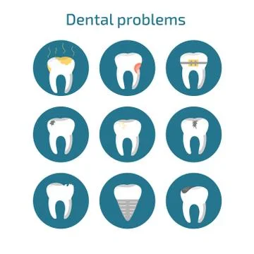 Dental problems icons. Dentist tools, teeth health care. Medical concept. Stock Illustration