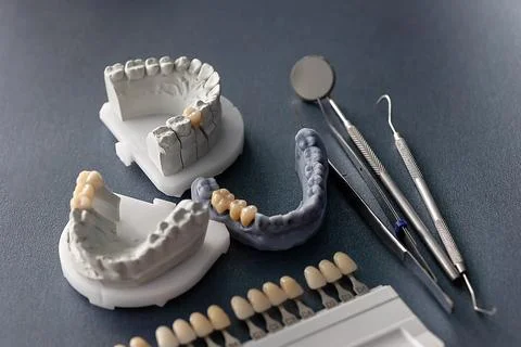 Dental prosthetics workflow with stone models and zirconia bridges Stock Photos