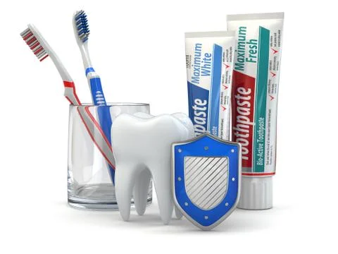 Dental protection, tooth, shield, toothpaste and toothbrushes. Stock Illustration