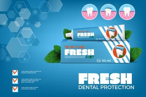 Dental protection. Toothpaste ad banner. Box package and tube. Ointment mockup Stock Illustration