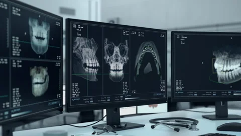 Dental scanning software inspecting the x-ray imaging of patients teeth Stockbeeldmateriaal 273754787
