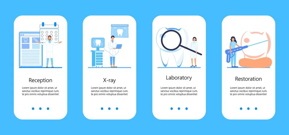 Dental services vector concept for app, social stories. Tiny dentists make x-ray Stock-Illustration