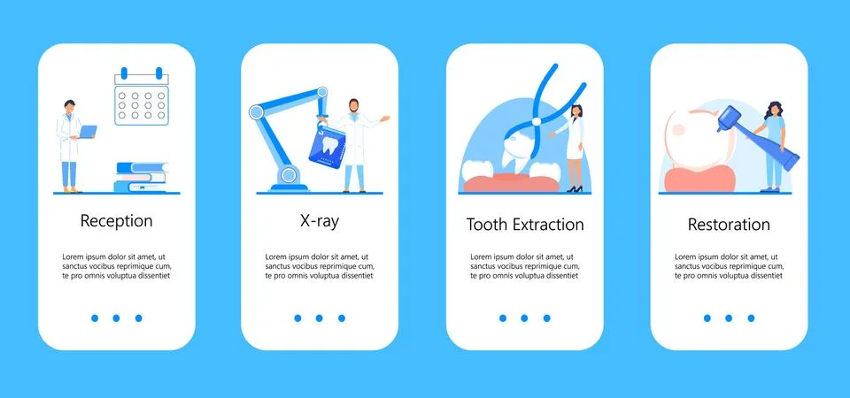Dental services vector concept for app, social stories. Tiny dentists make x-ray Stock Illustration