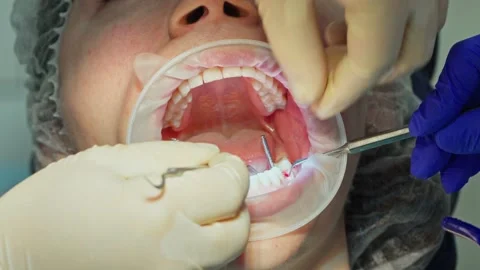 A dental surgeon checking the position of a parallel pin in the jawbone Stock Footage 342079828