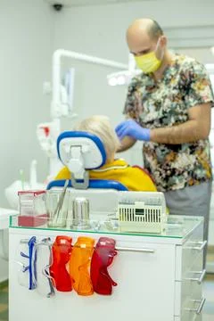 Dental table with focus camera tools on table Stock Photos