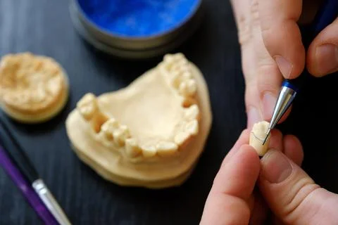 The dental technician is engaged in a modeling of artificial dentures. Stock Photos