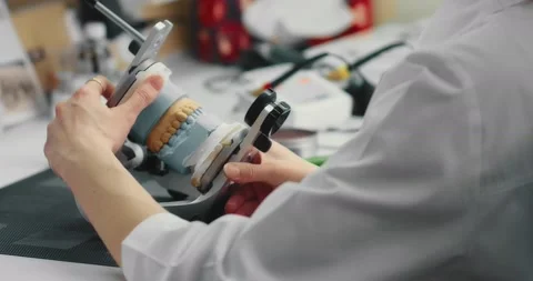 Dental technician makes a plaster cast of jaw models in an articulator. Stock Footage 199600429
