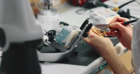 Dental technician makes a plaster cast of jaw models in an articulator. Stock Footage 199600860